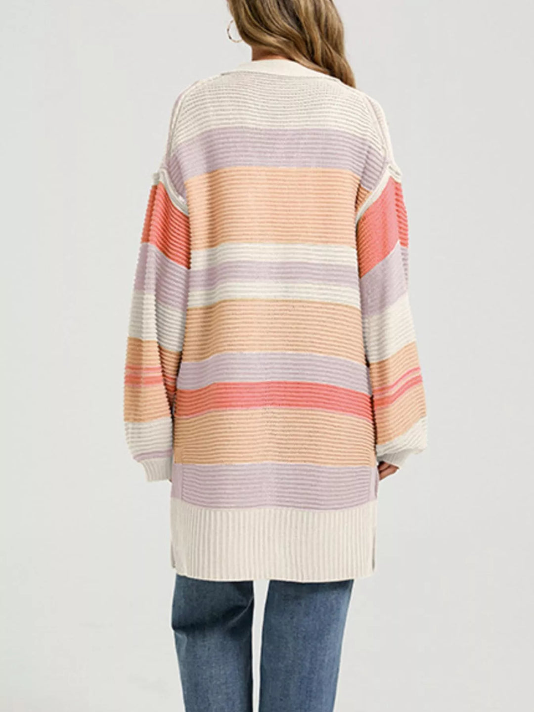 Striped color block open front longline cardigan