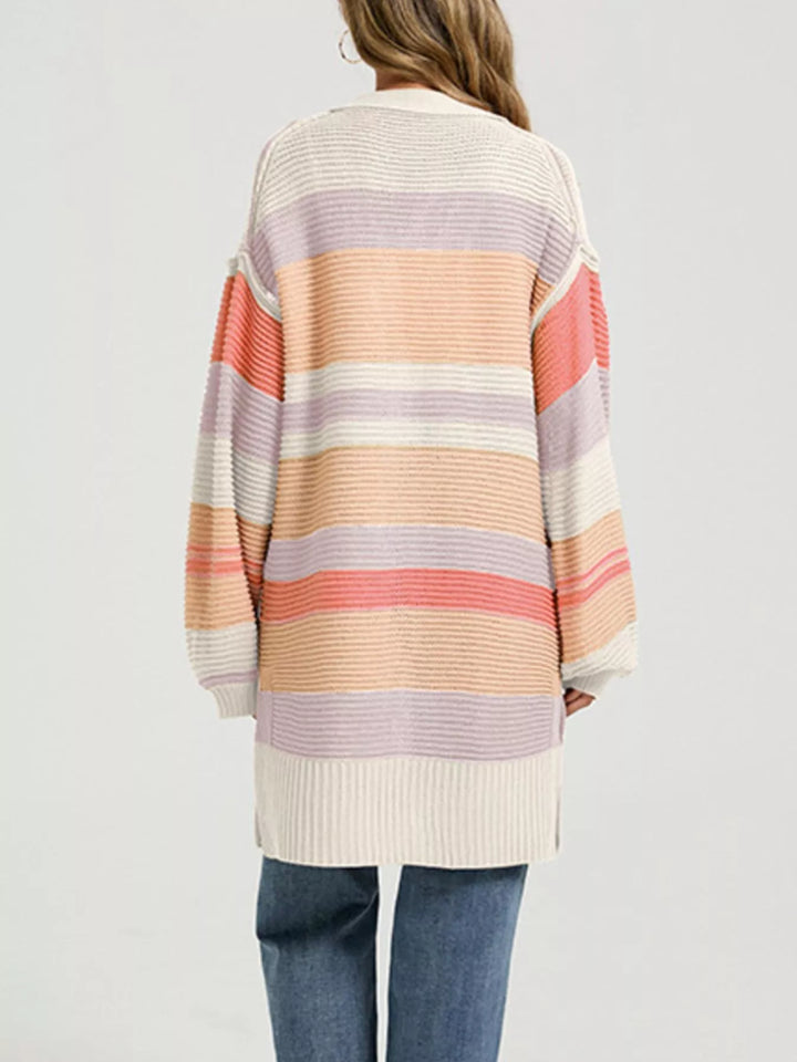 Striped color block open front longline cardigan