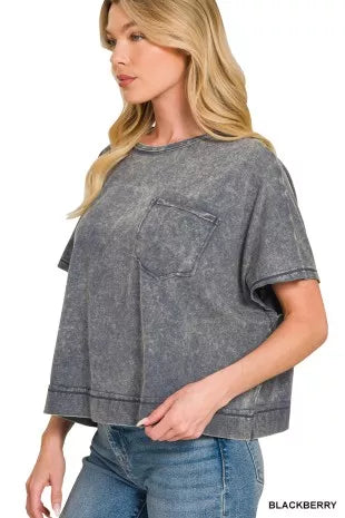 Acid-wash oversized boxy crop tee with chest pocket