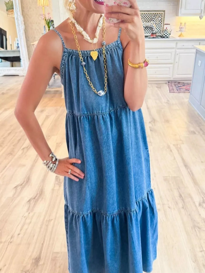 Blue Spaghetti strap tiered ruffle hem denim midi dress