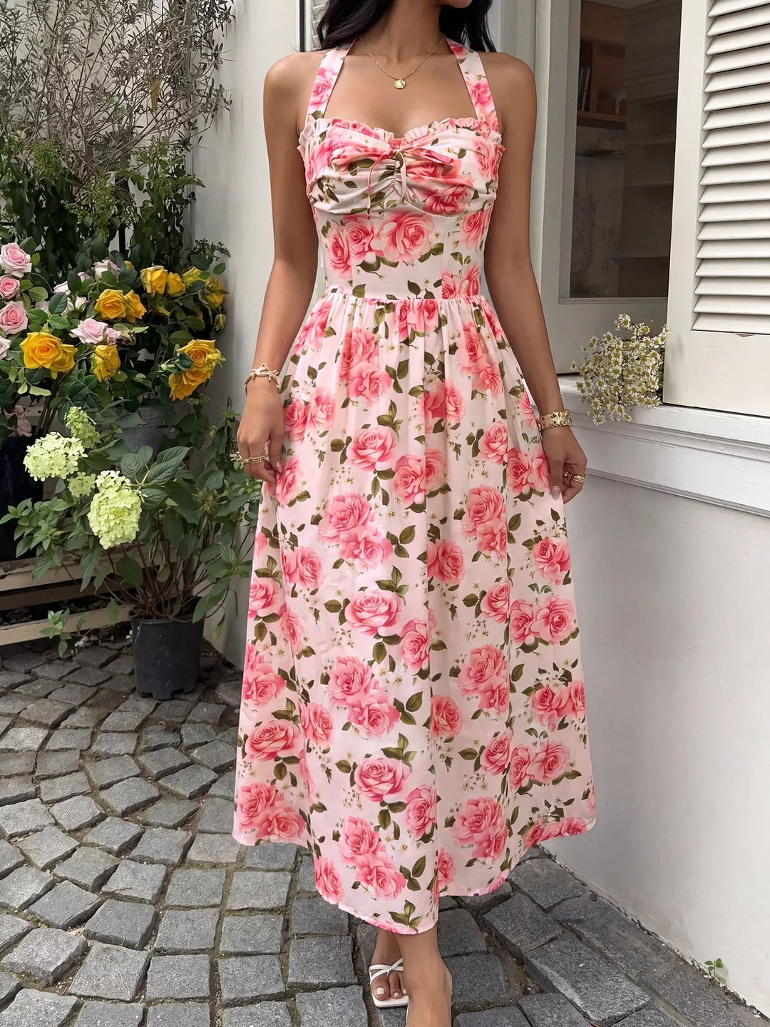 Rose print halter neck midi dress with smocked bodice