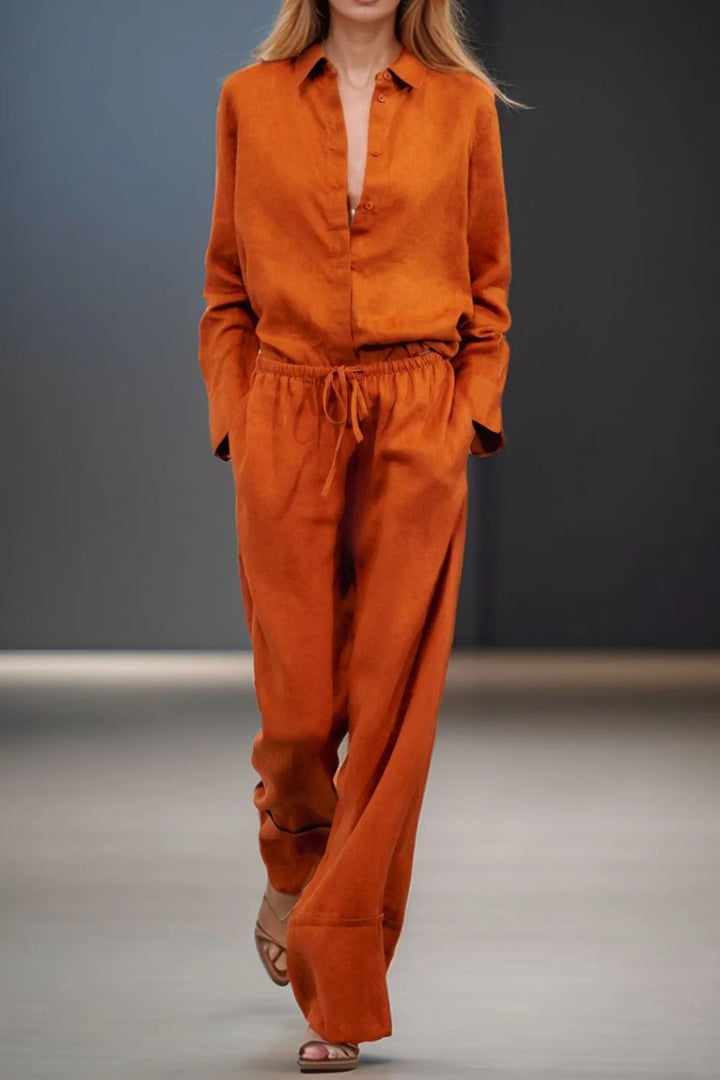 Orange Long sleeve button-down shirt and wide-leg drawstring pants set
