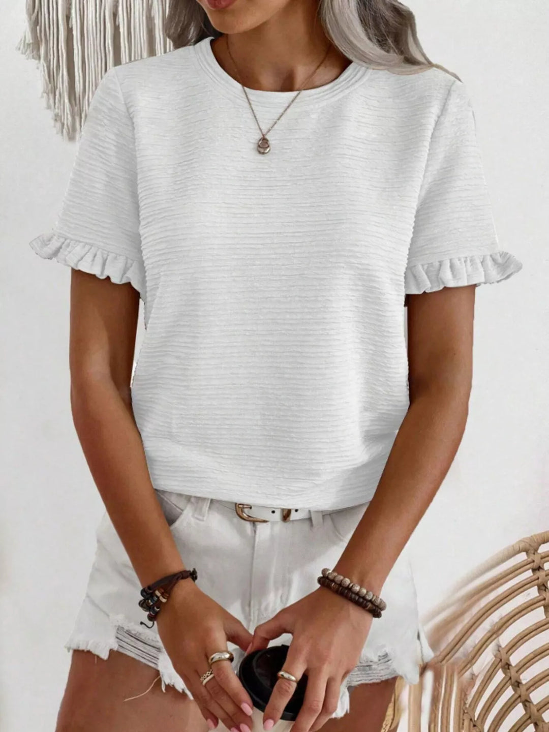 White Ruffle-cuff crew neck top with crinkle texture