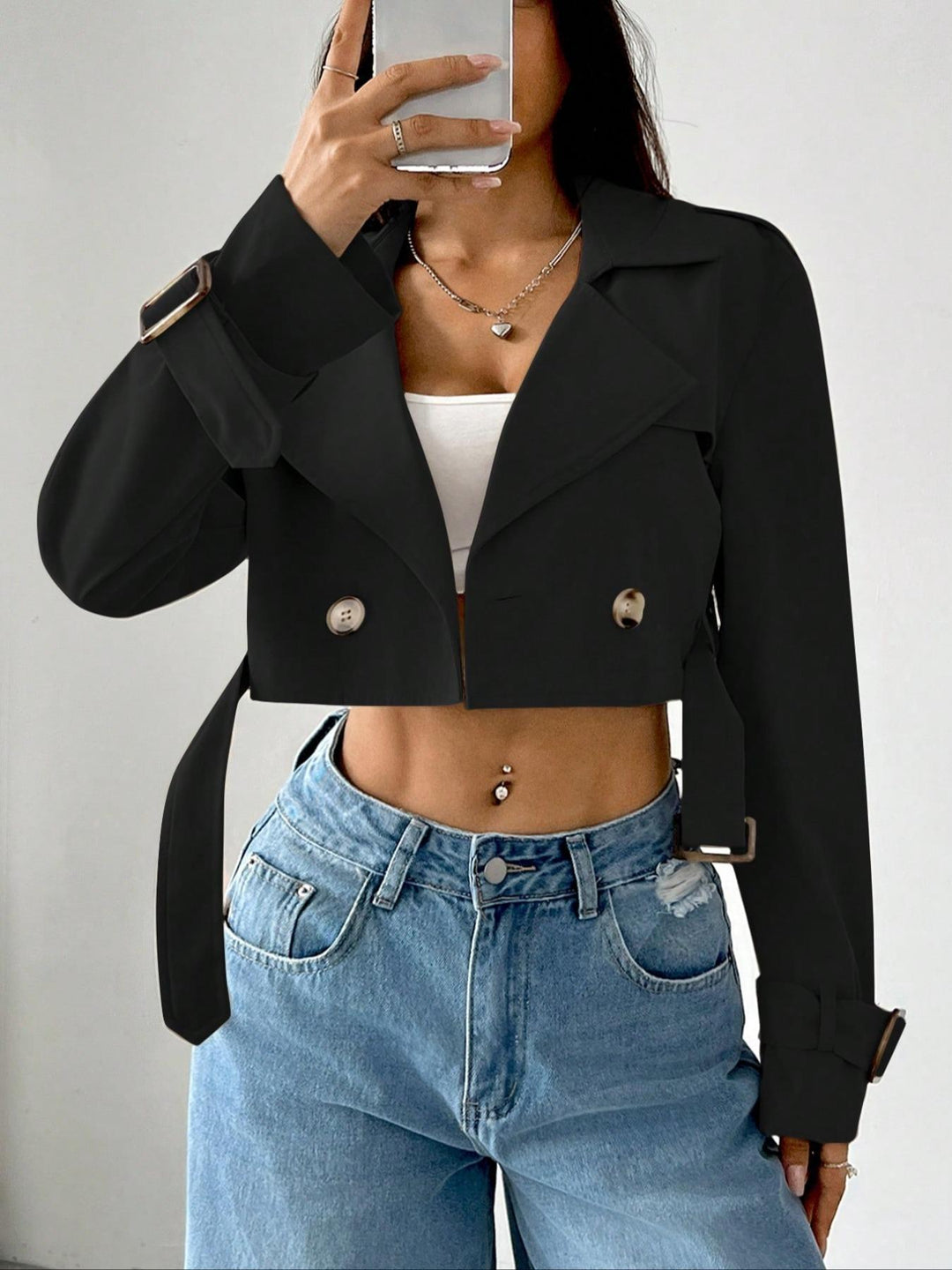 Cropped double-breasted trench jacket with belted cuffs