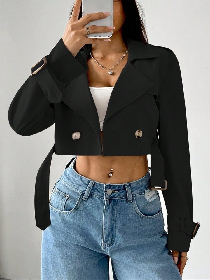 Cropped double-breasted trench jacket with belted cuffs