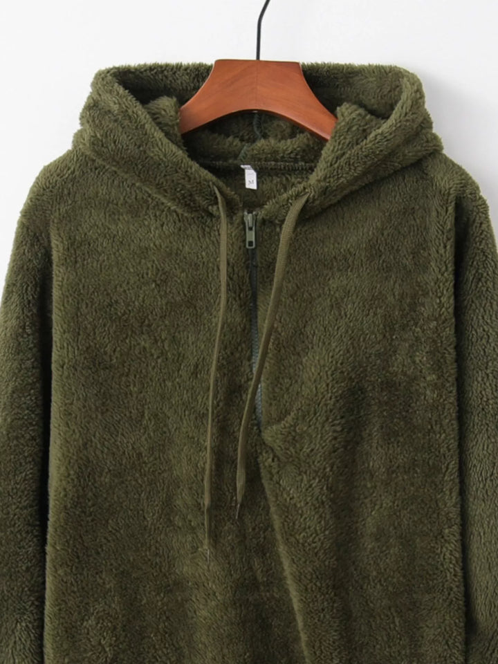 Plush half-zip fleece hoodie with drawstring hood and pockets