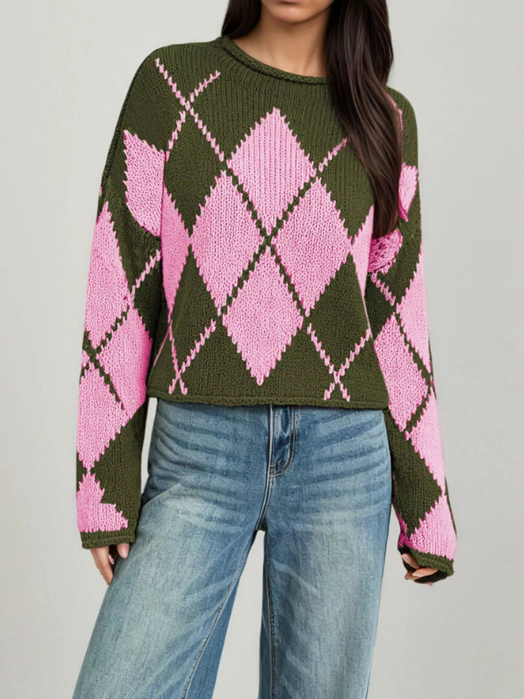 Argyle knit dropped shoulder sweater with ribbed trim