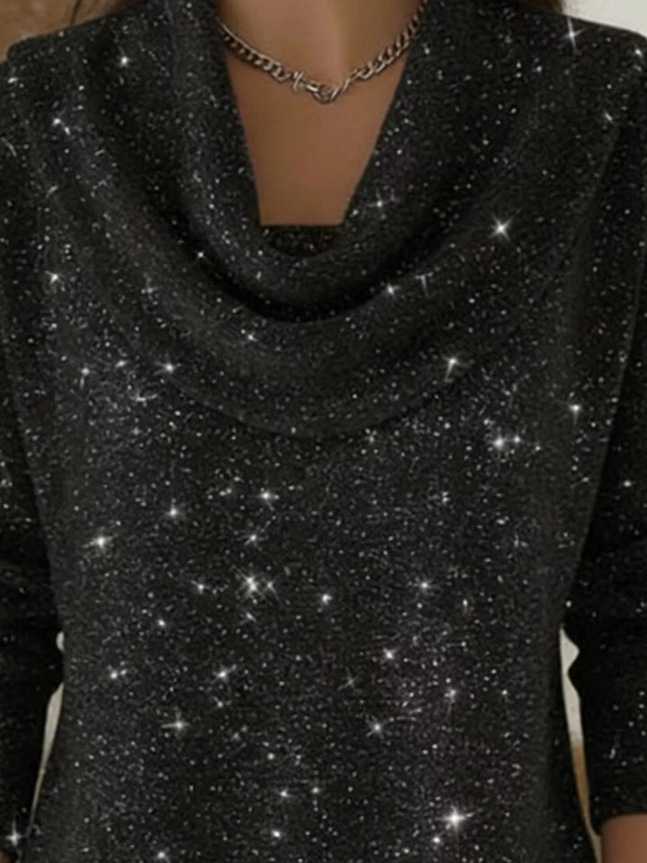 Metallic ribbed knit cowl neck sweater with curved hem