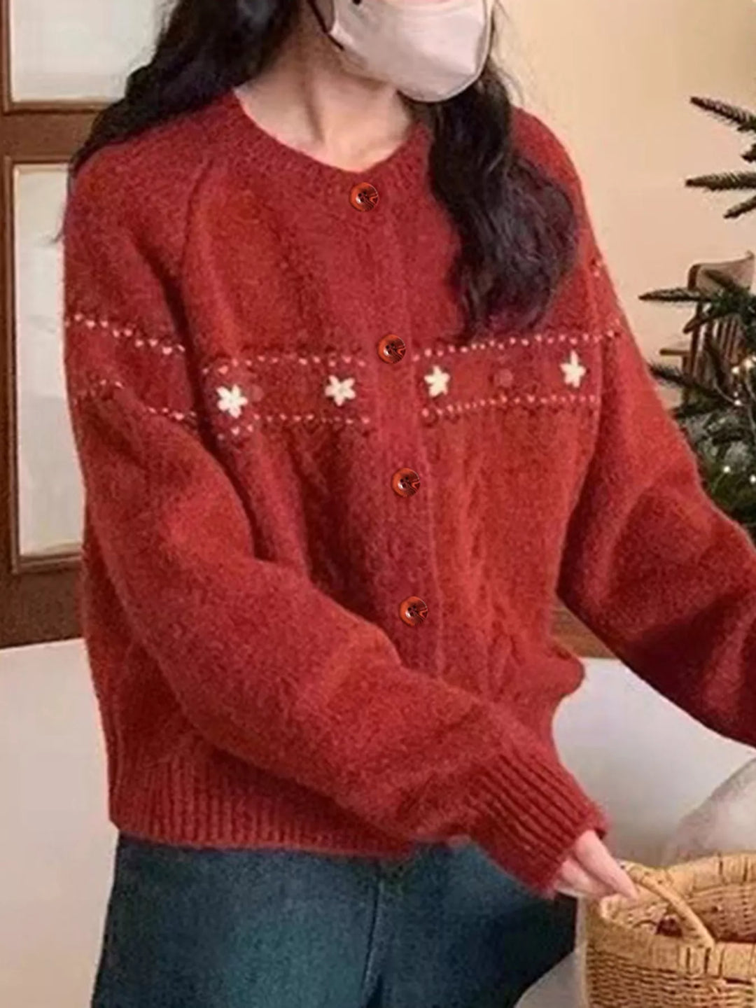 Floral embroidered cable-knit button-up cardigan