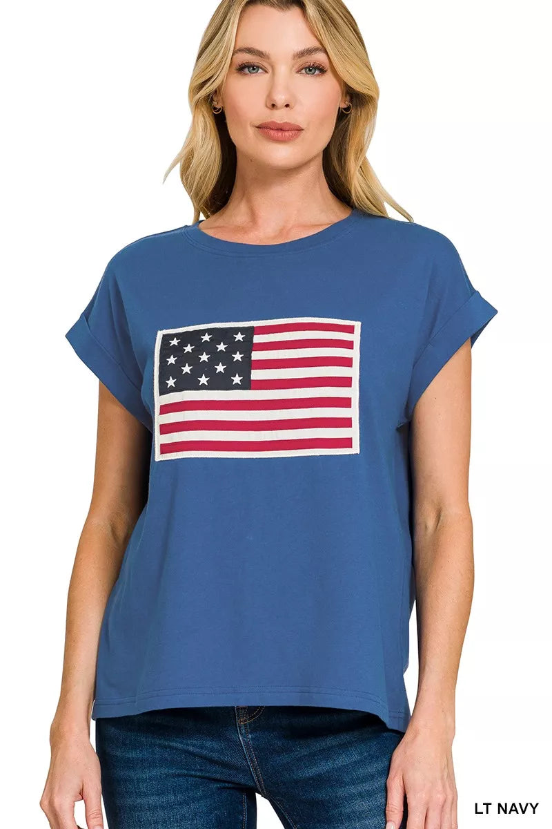 LT NAVY American flag patch crew neck short sleeve tee
