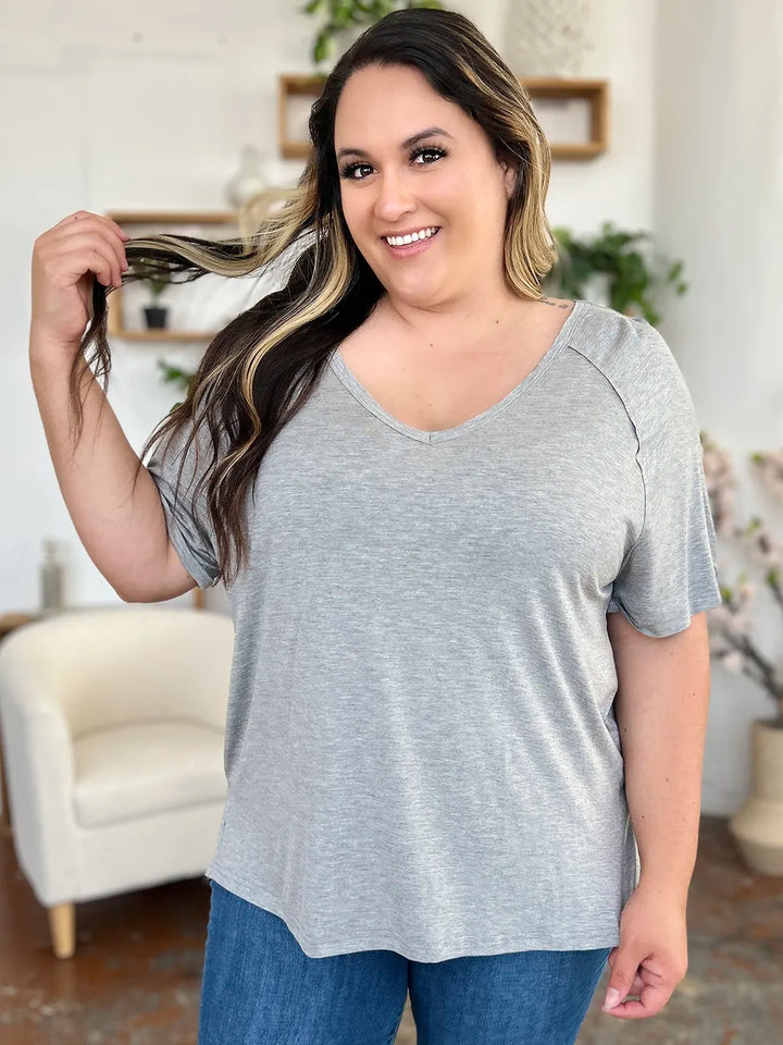 Relaxed bamboo V-neck short sleeve tee with side slits
