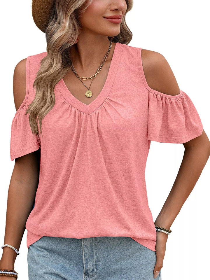 Pink Cold shoulder V-neck top with ruched chest and ruffle sleeves