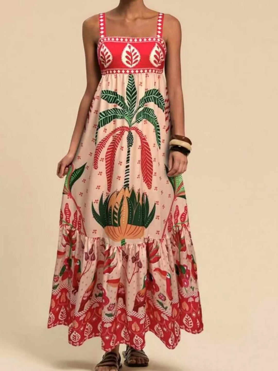 Deep Red Tropical folk print square neck tiered maxi dress