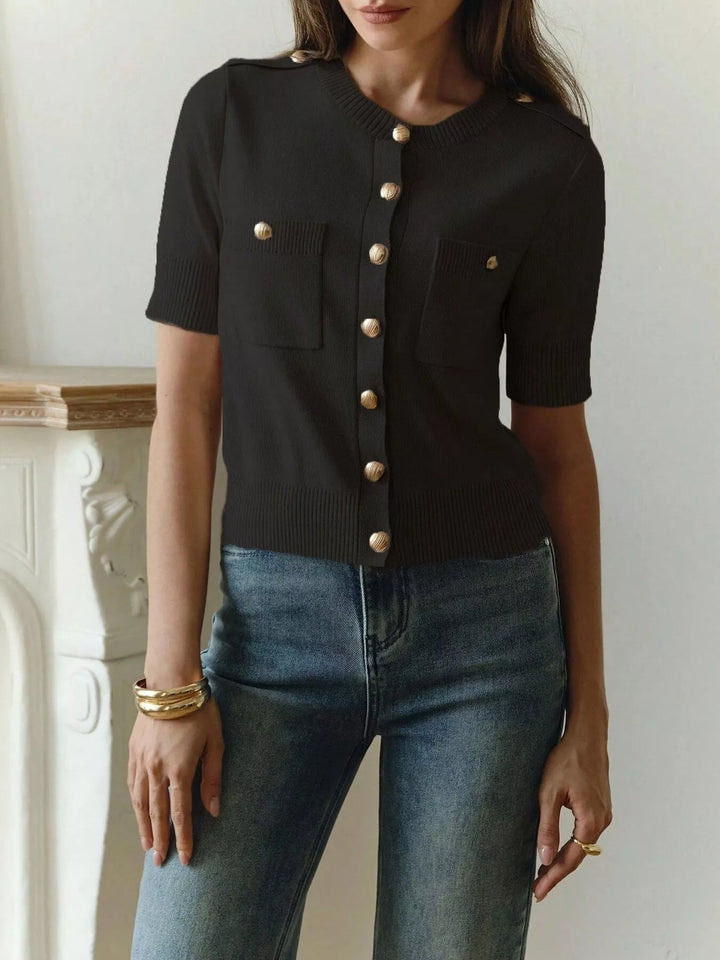 Black Short sleeve knit button-down cardigan with gold buttons