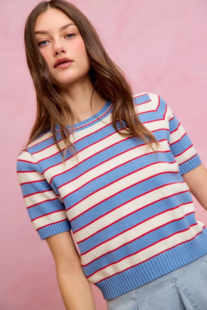 Striped ribbed knit short sleeve crew neck sweater top