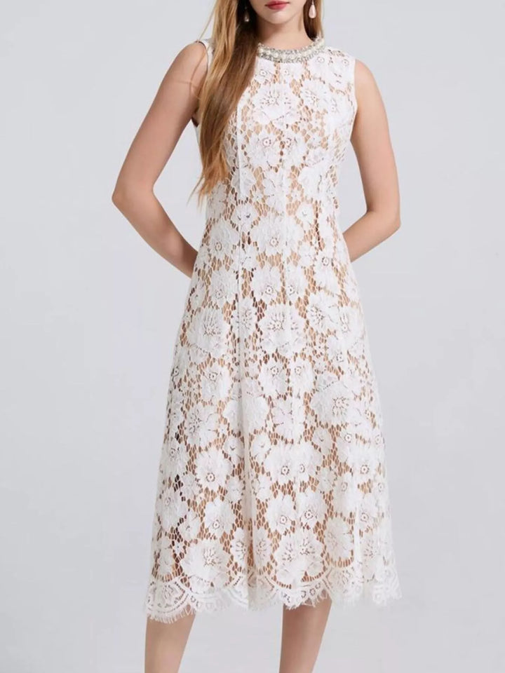 Sleeveless floral lace midi dress with pearl neckline
