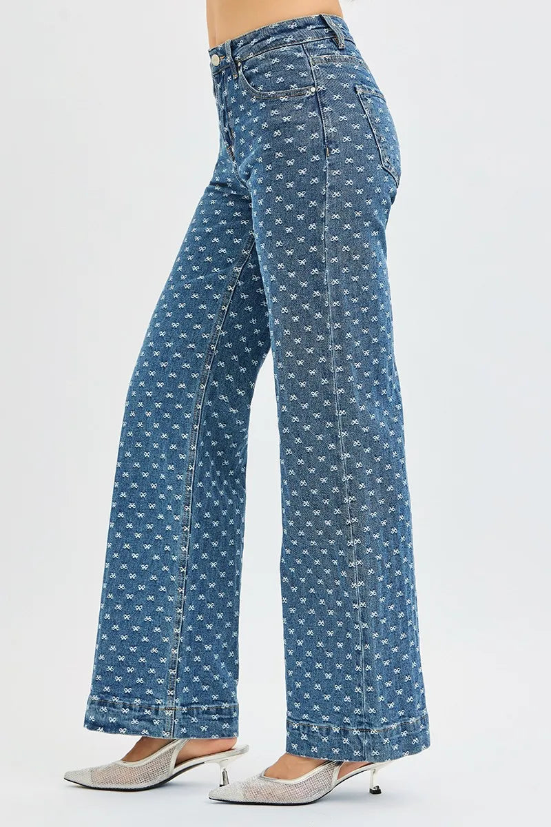 Bow-embroidered high-rise wide leg jeans