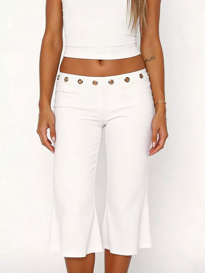 Mid-rise wide-leg capri pants with gold-button waistband
