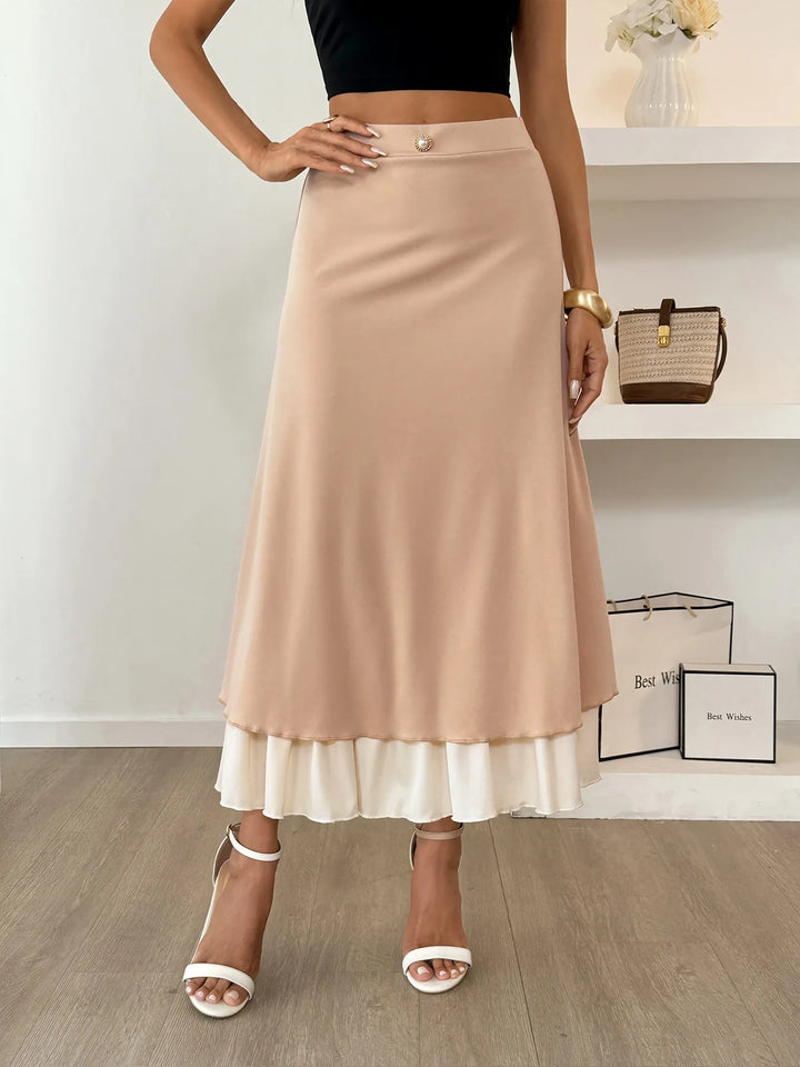 Khaki Layered A-line midi skirt with contrast ruffle hem