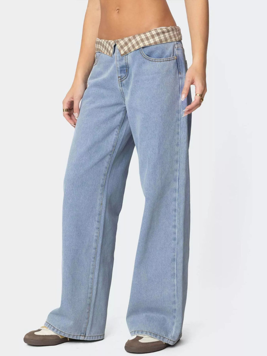Low rise wide leg jeans with plaid fold-over waistband