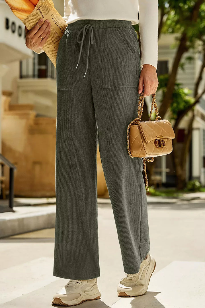 Drawstring corduroy wide leg pants with patch pockets