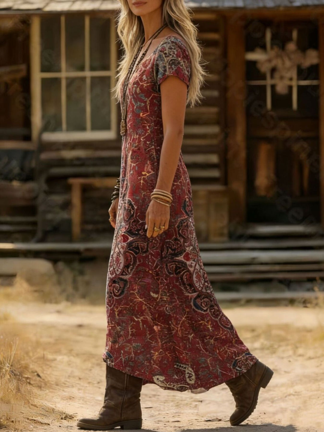 Bohemian medallion print v-neck short sleeve midi dress