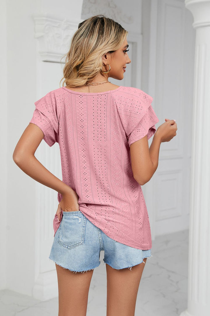 Eyelet knit V-neck top with layered flutter sleeves