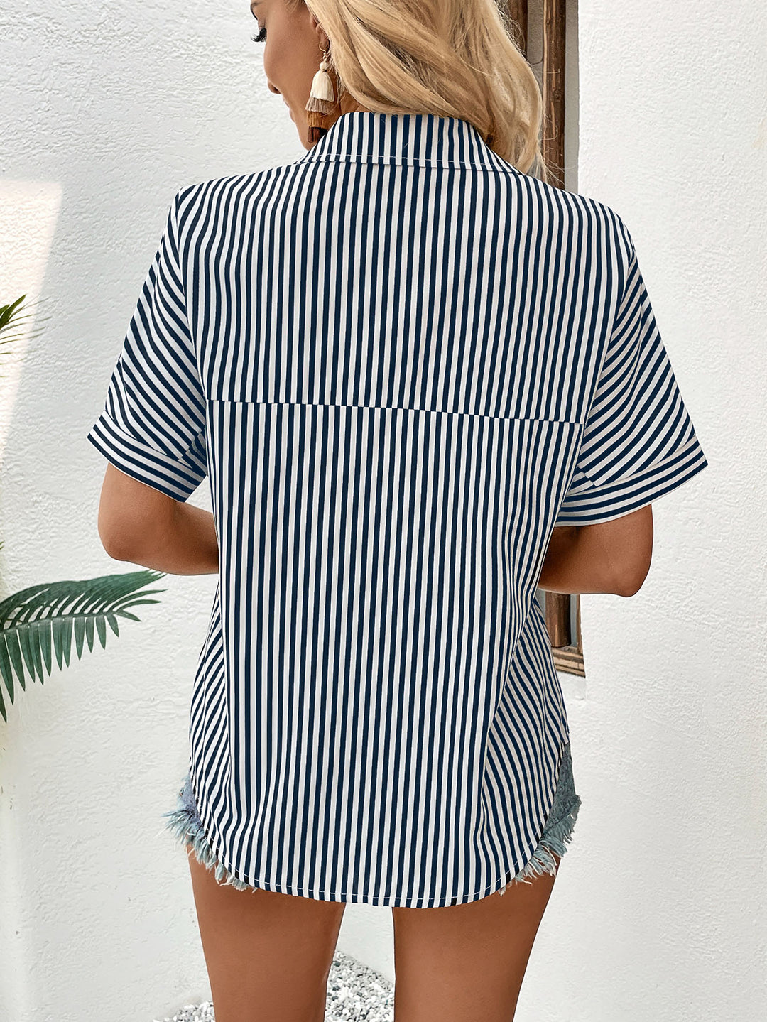 Striped collared V-neck short sleeve blouse