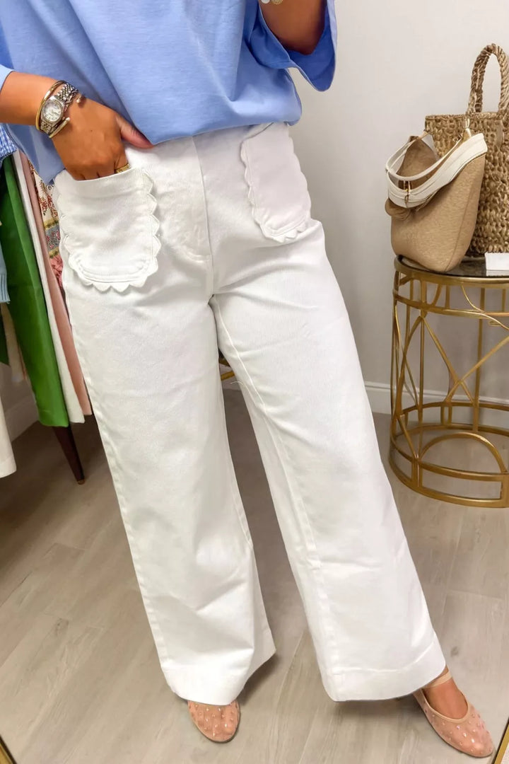 Scalloped patch pocket high-rise wide-leg jeans