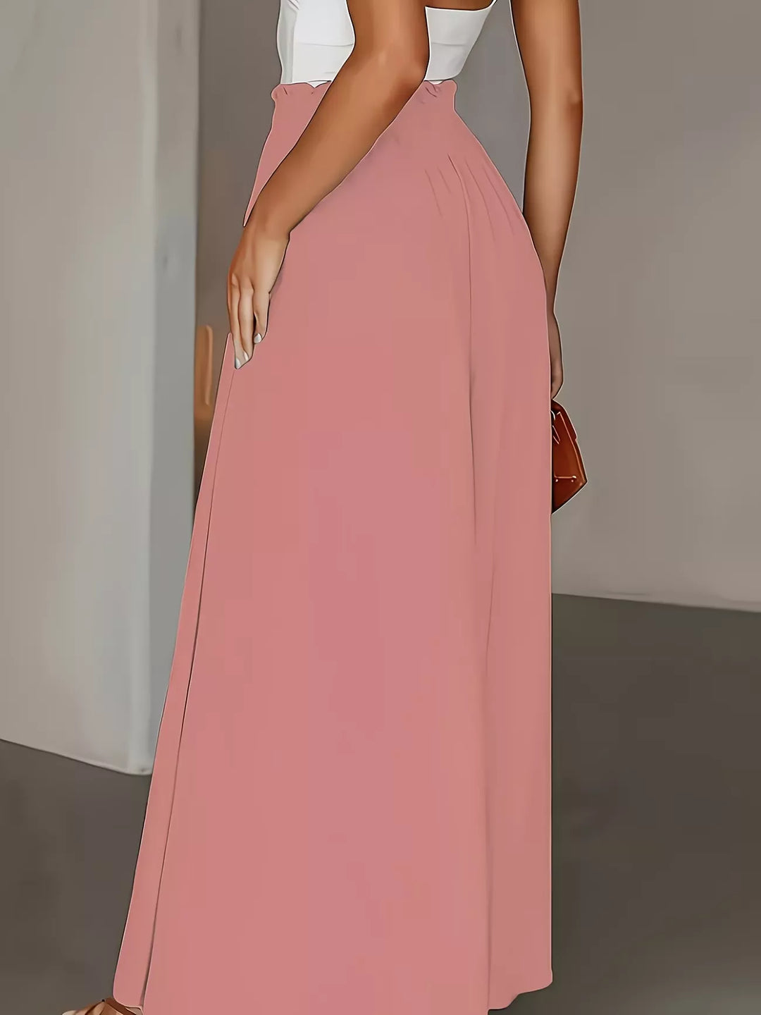 High-rise paper bag wide-leg pants with button front