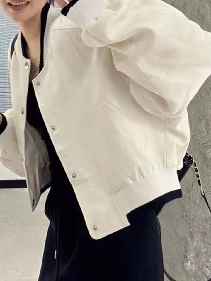 Cropped bomber jacket with snap front and ribbed contrast trim