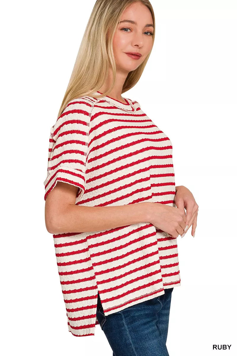Textured stripe jacquard round neck tee with cuffed sleeves