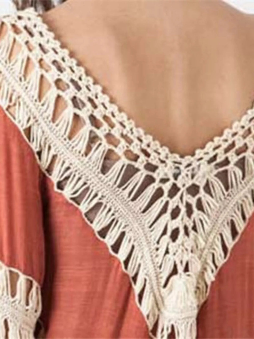 Crochet trim color block long sleeve beach cover-up