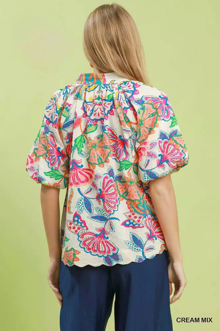 Textured floral print blouse with scalloped hem