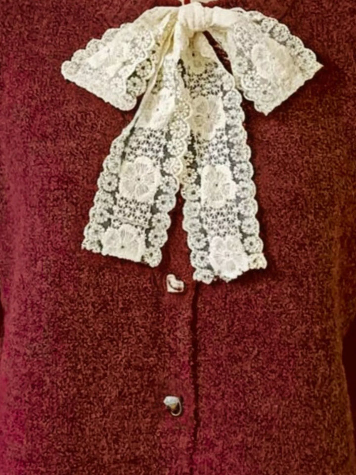 Lace bow knit cardigan with gold heart buttons