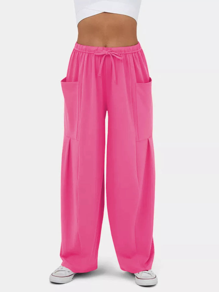 Rose Red High-rise drawstring wide-leg pants with patch pockets