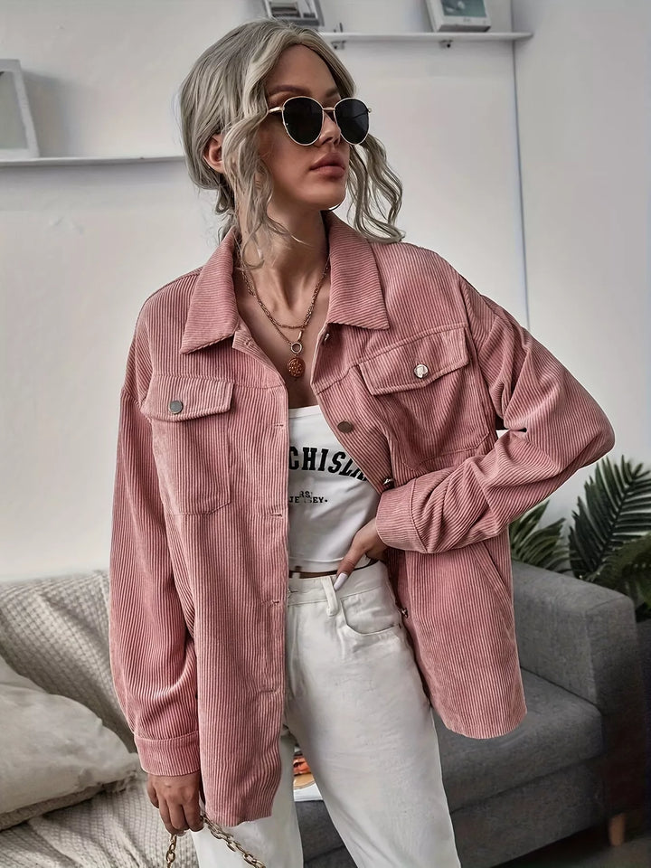 Pink Corduroy button-up shacket with flap chest pockets