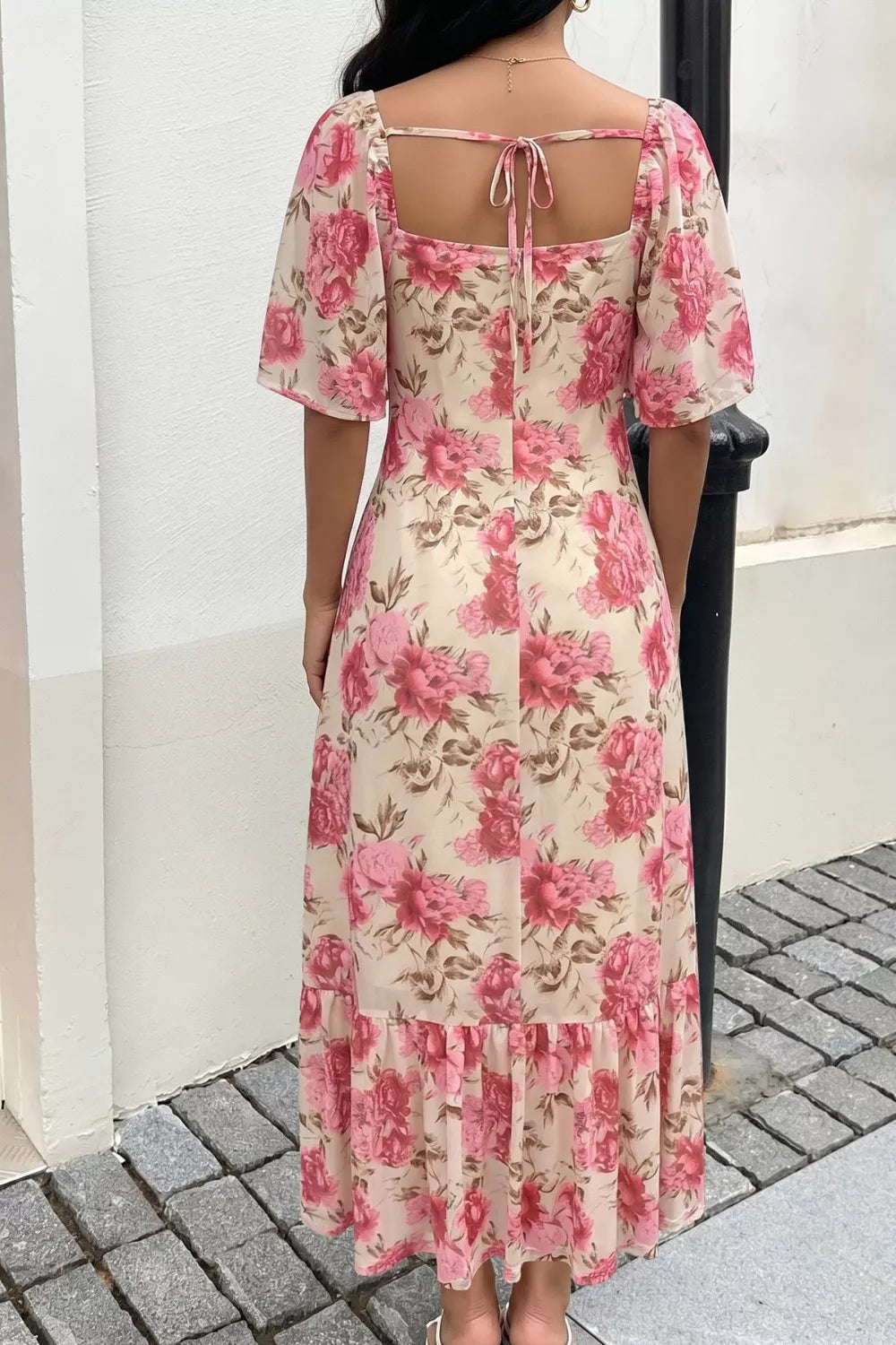 Floral print flutter sleeve square neck midi dress