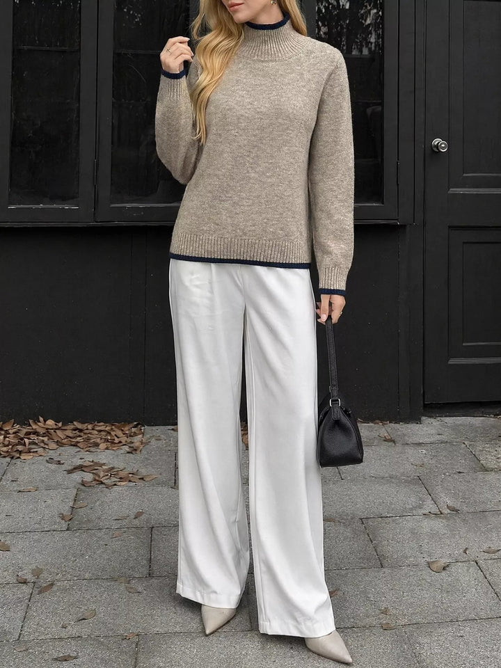 Contrast tipped mock neck sweater with ribbed trim
