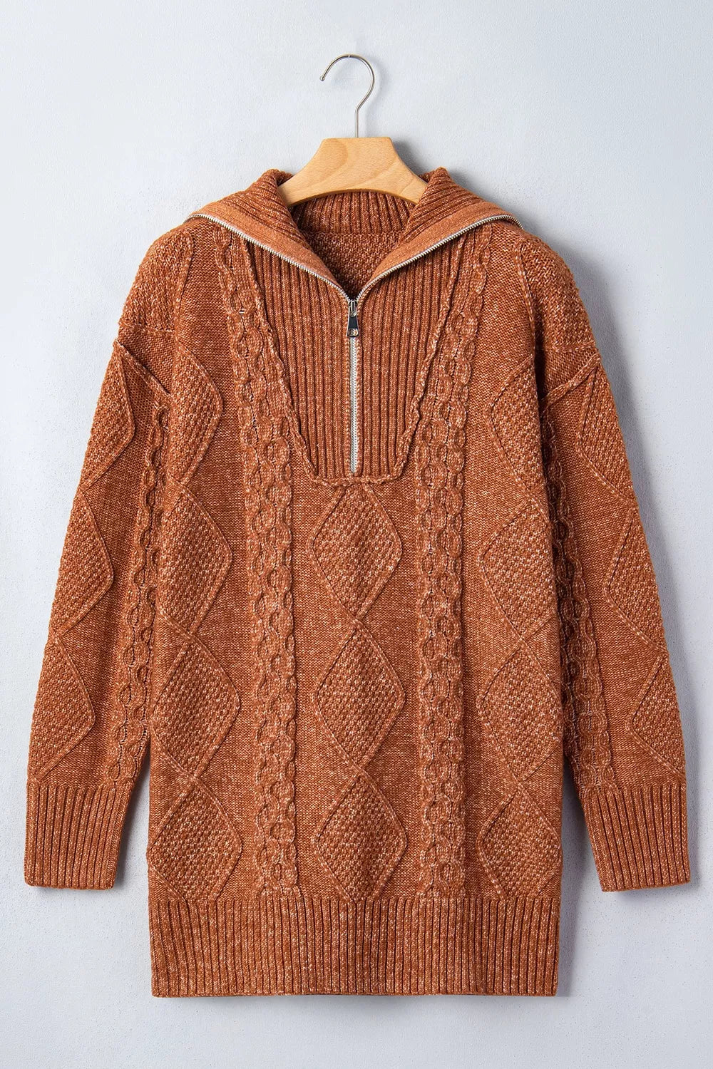 Cable knit quarter-zip mini sweater dress with drop shoulders