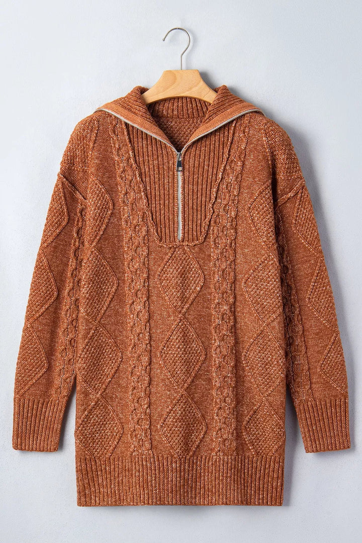 Cable knit quarter-zip mini sweater dress with drop shoulders