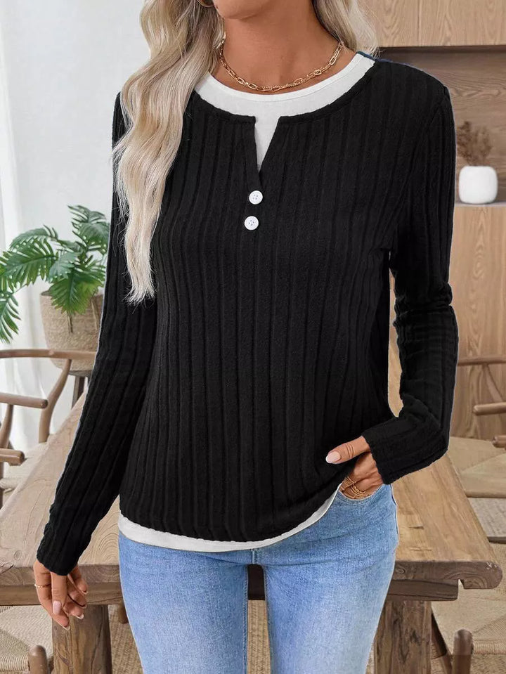 Black Ribbed knit long sleeve henley with contrast trim