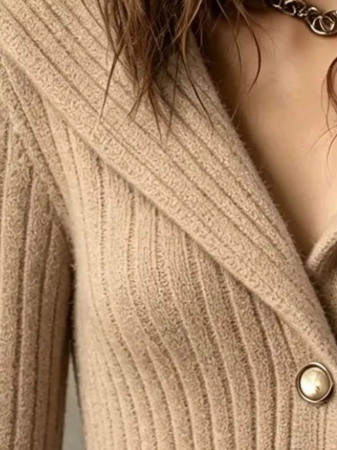 Ribbed knit shawl collar button-down cardigan