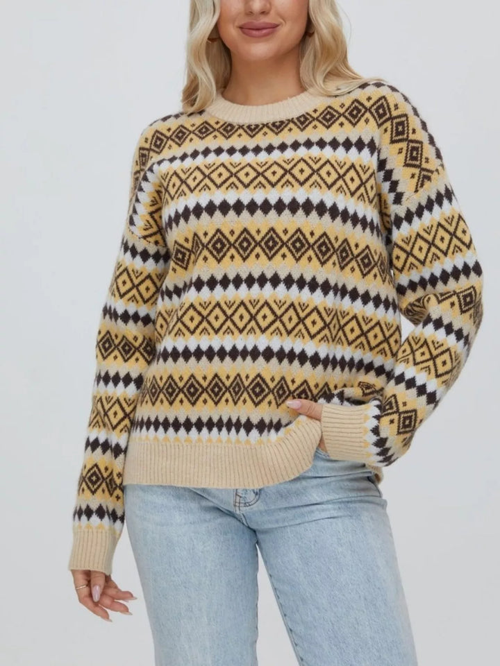 Mustard Geometric Fair Isle knit crew neck sweater