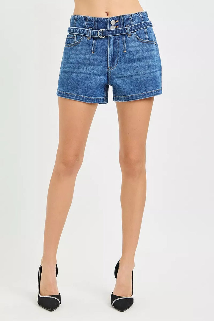 Belted double-button high-rise denim shorts