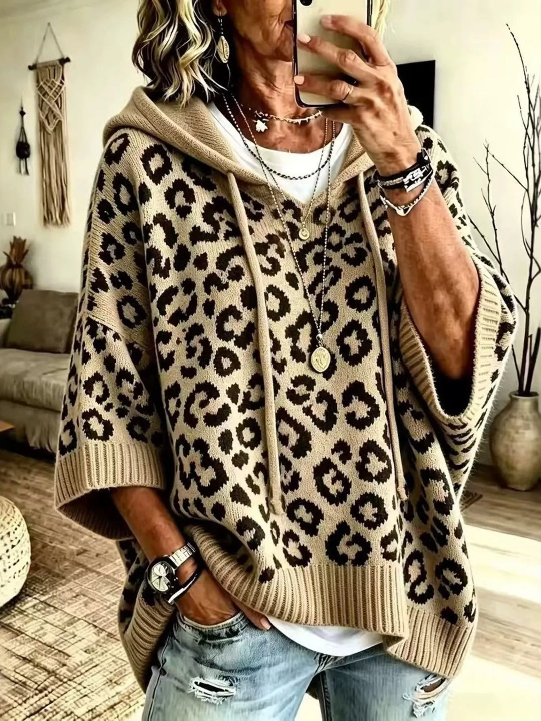 Leopard print drawstring hooded sweater with dolman sleeves