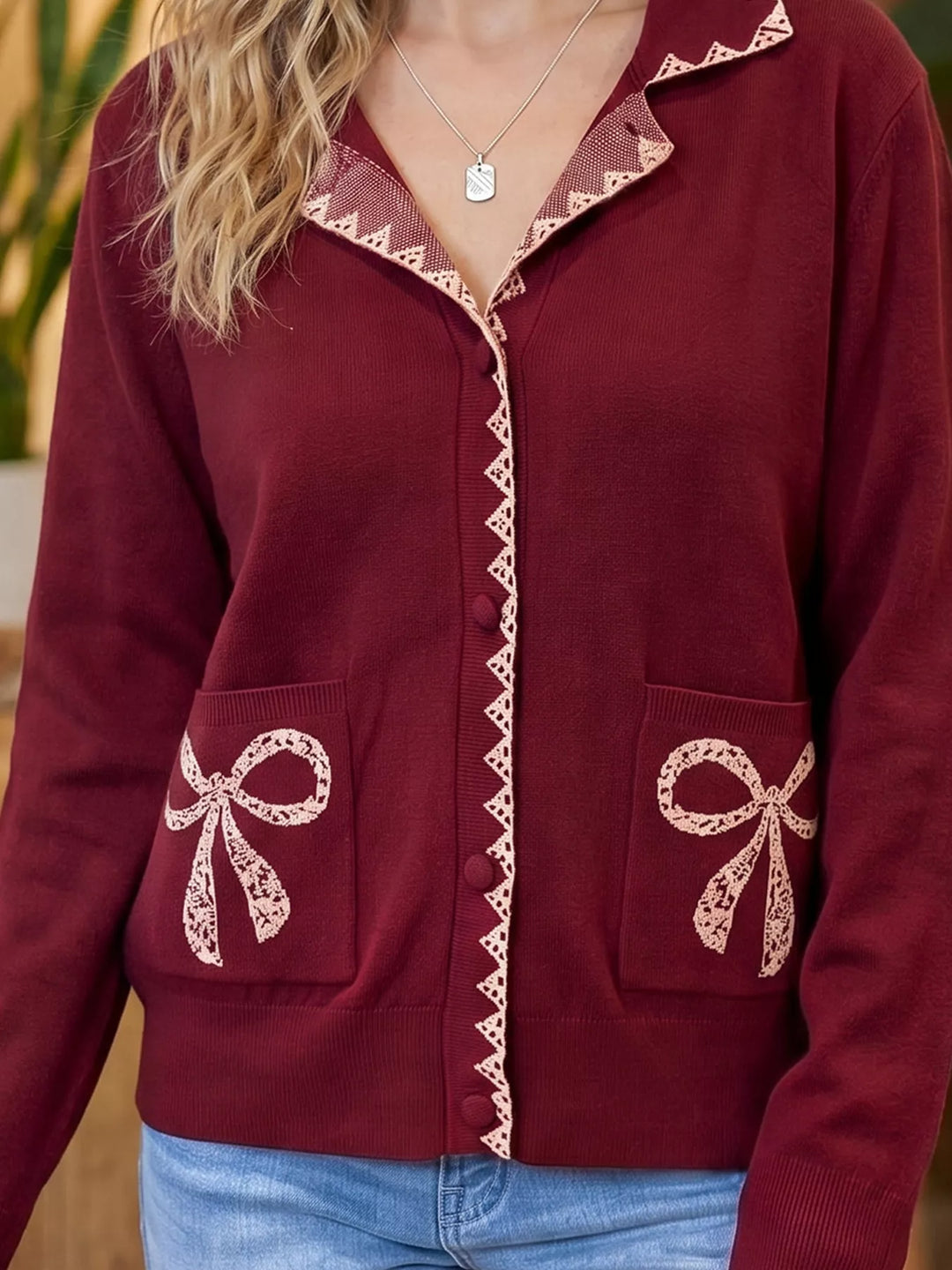 Lace trim bow pocket knit button-down cardigan