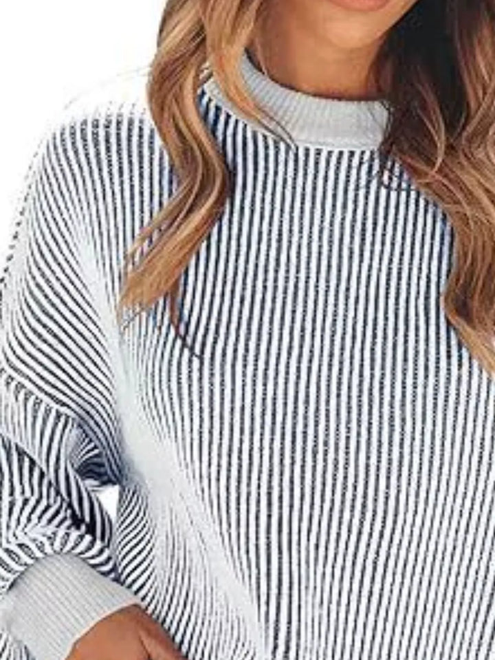 Striped ribbed knit drop shoulder sweater with side slits