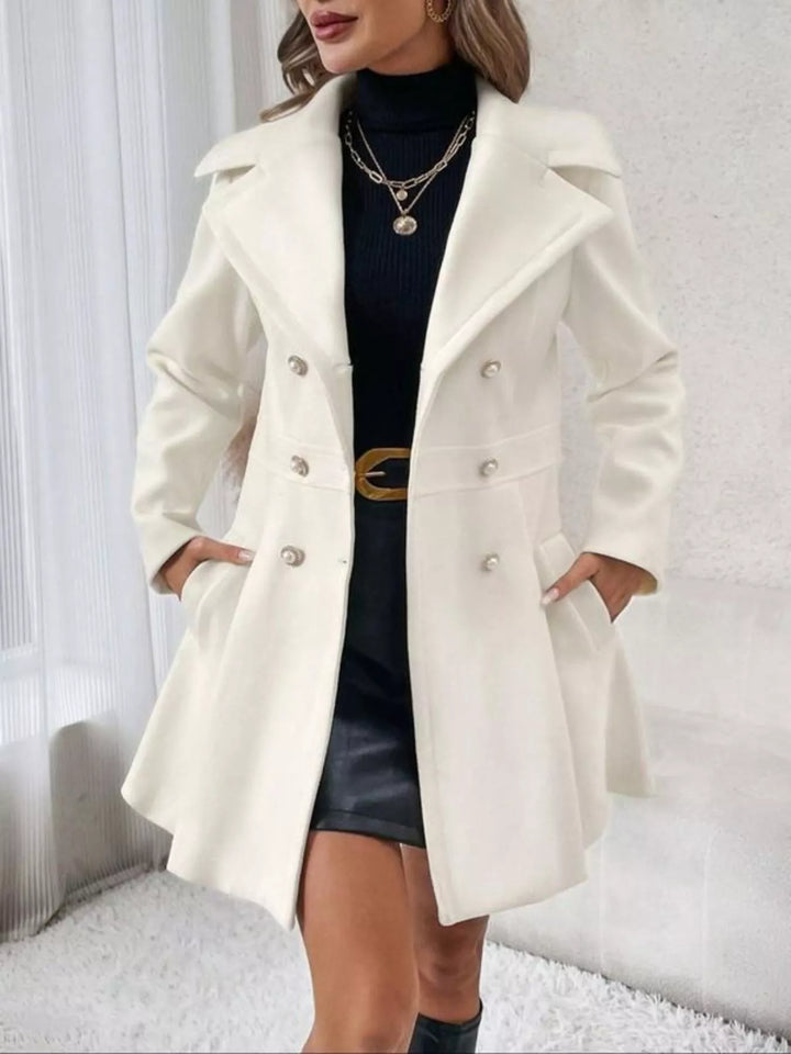 White Double-breasted notched-lapel coat with flared skirt hem