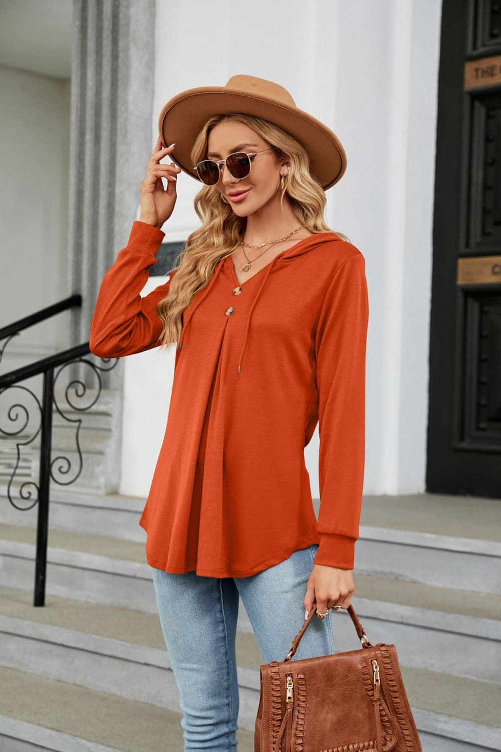 Hooded drawstring tunic blouse with button placket